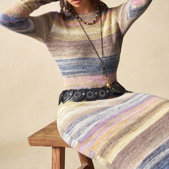 Multicolor Casual Women's Tie-Dye Crew Neck Fitted Sweater Dress - Picture 6 of 8